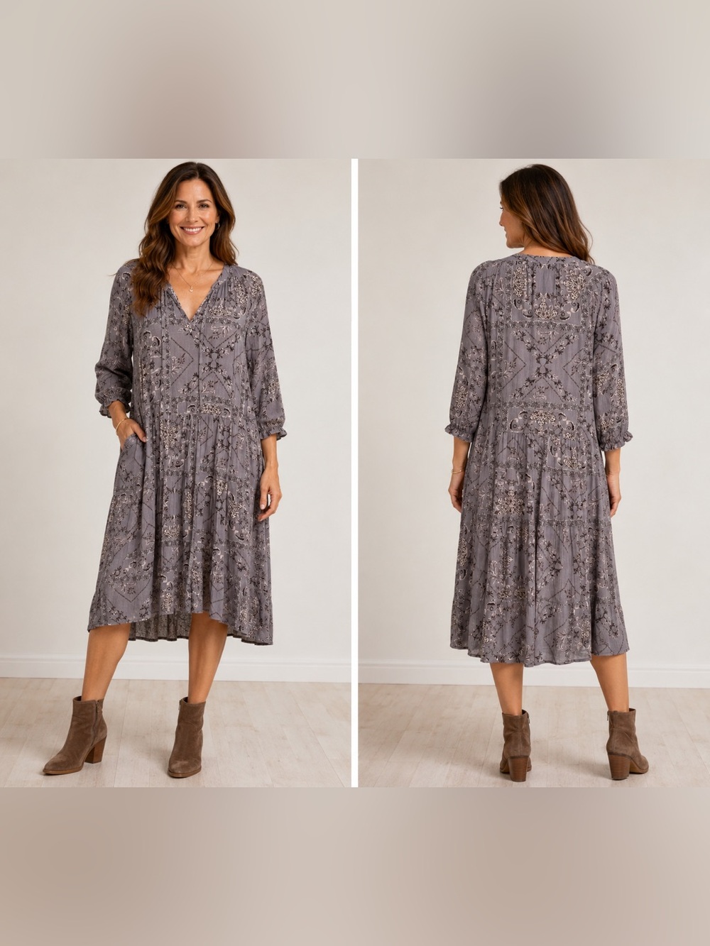 Be Cool Flowy V-Neck Peasant Midi Dress in Dusty Gray Patterned M Medium